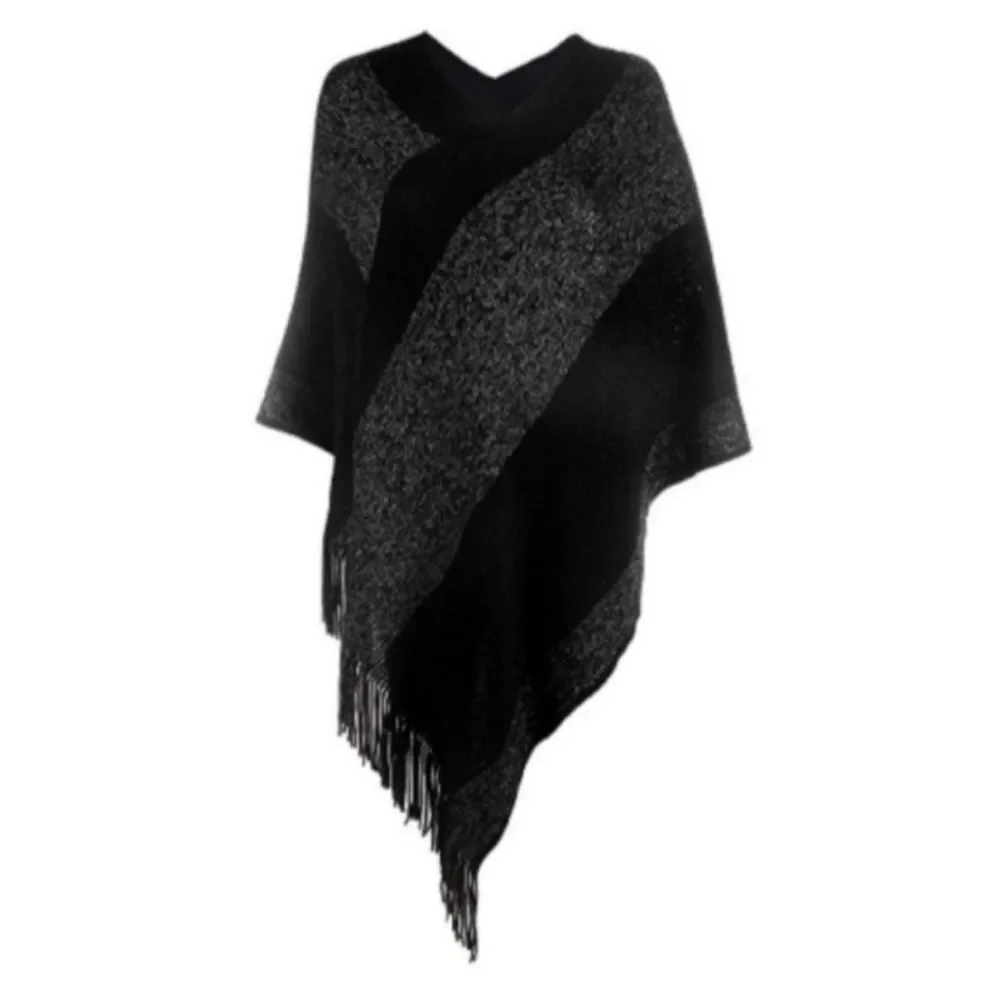 Knitted Shawl with Fringed V-Neck Striped Sweater Pullover Faux Cashmere - Picture 6 of 6